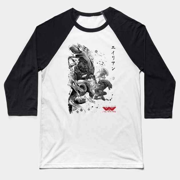 Xenomorph invasion sumi-e Baseball T-Shirt by DrMonekers